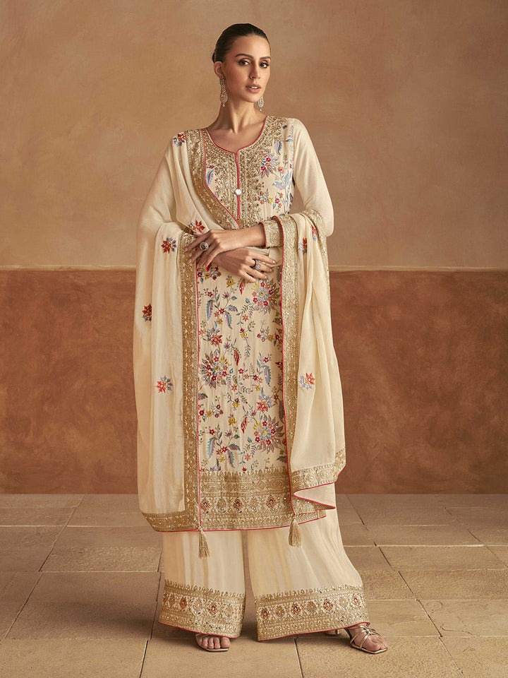 Embroidered Chinon Kurta With Plazzo &amp; Dupatta