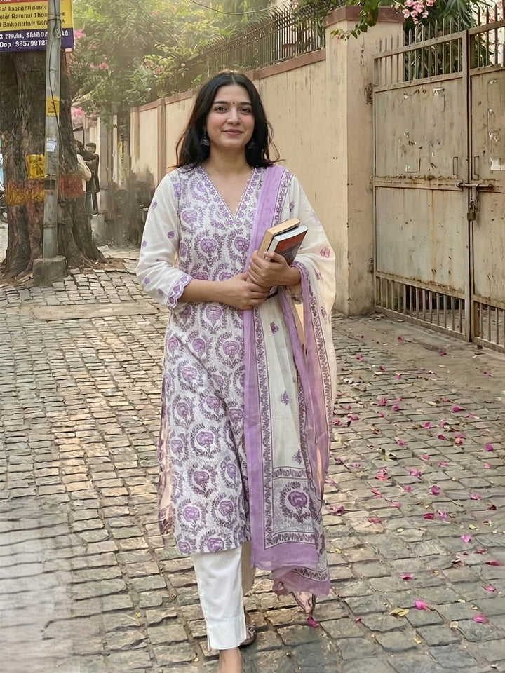 Printed Cotton Kurta With Pant &amp; Dupatta