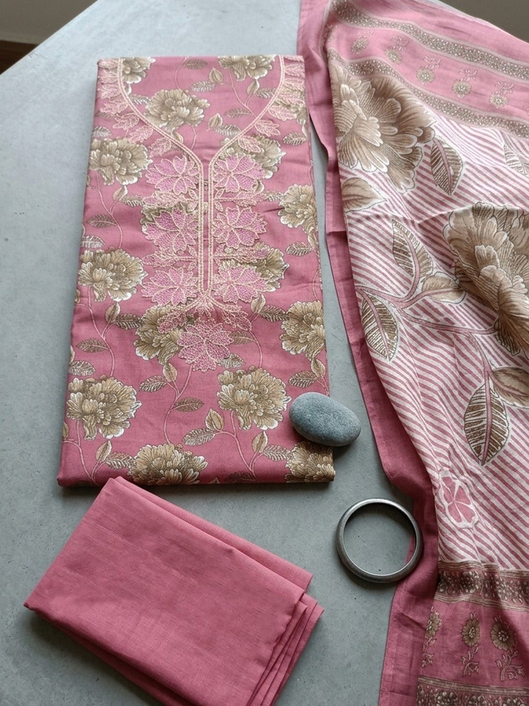 Embroidered Cotton Blend Unstitched Suit With Pant &amp; Dupatta