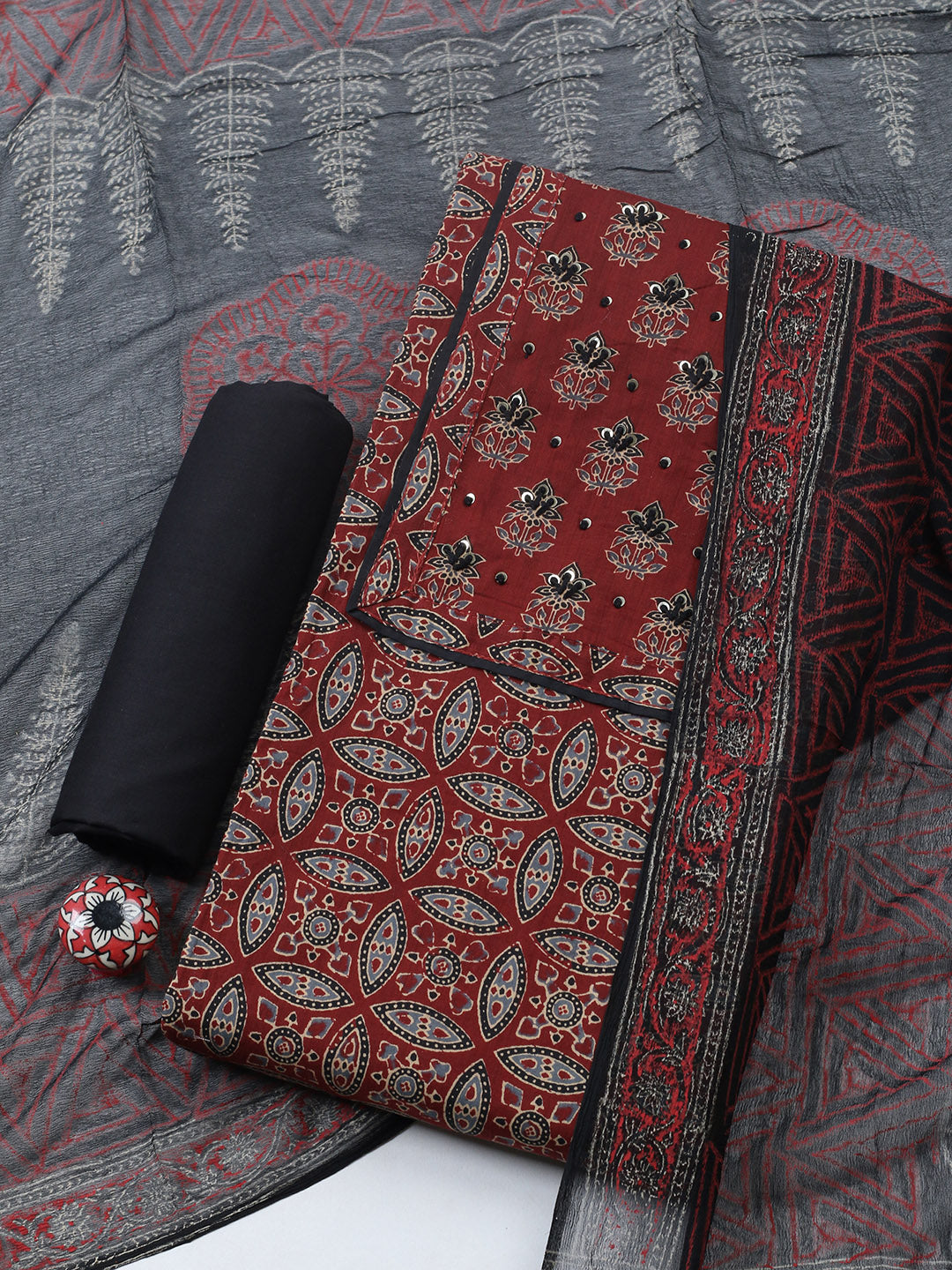 Printed Cotton Blend Unstitched Suit With Pant &amp; Dupatta