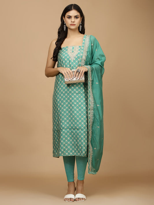 Neck Embroidered & Printed Cotton Unstitched Suit With Dupatta