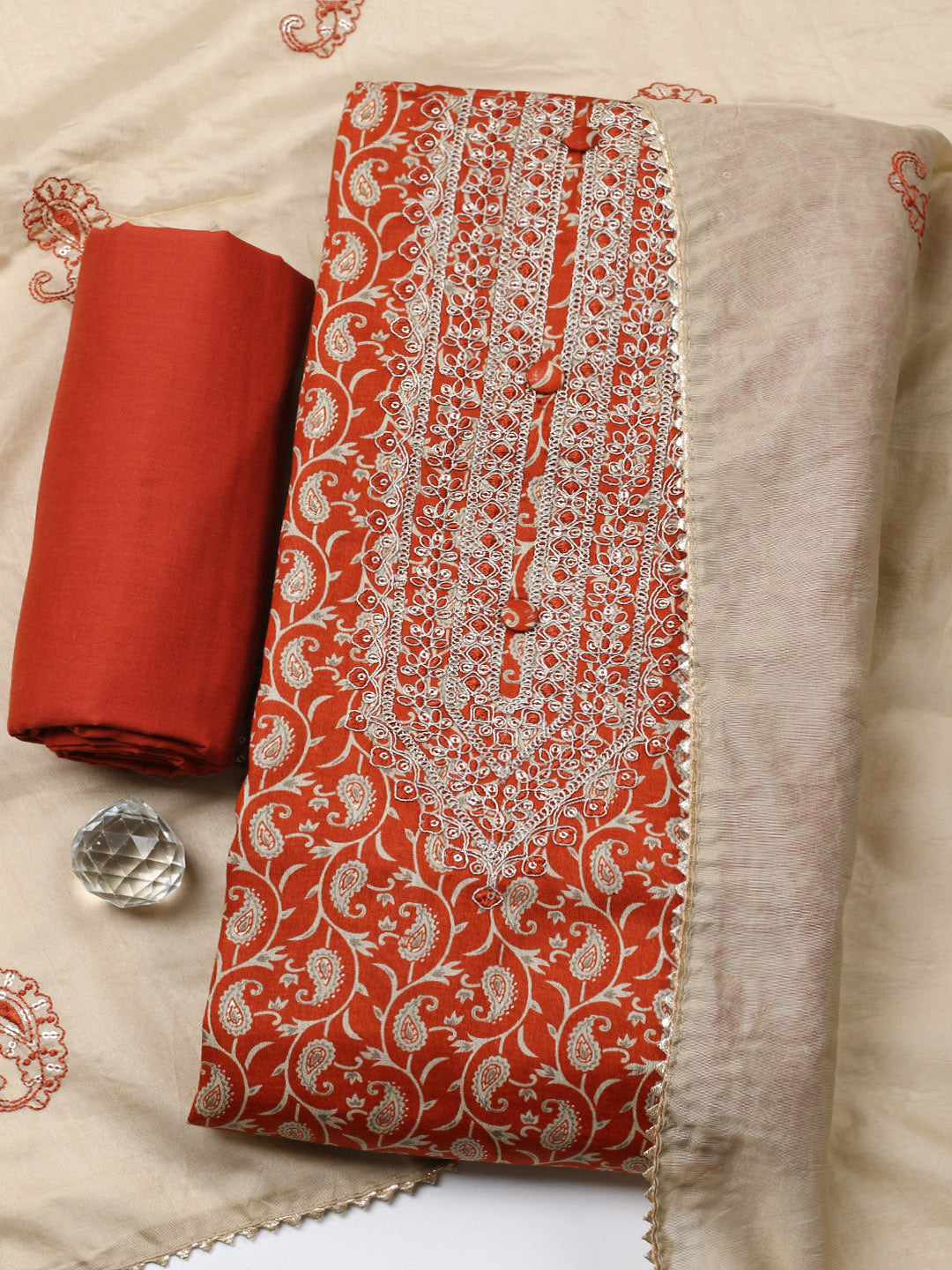 Embroidered Cotton Unstitched Suit With Pant &amp; Dupatta