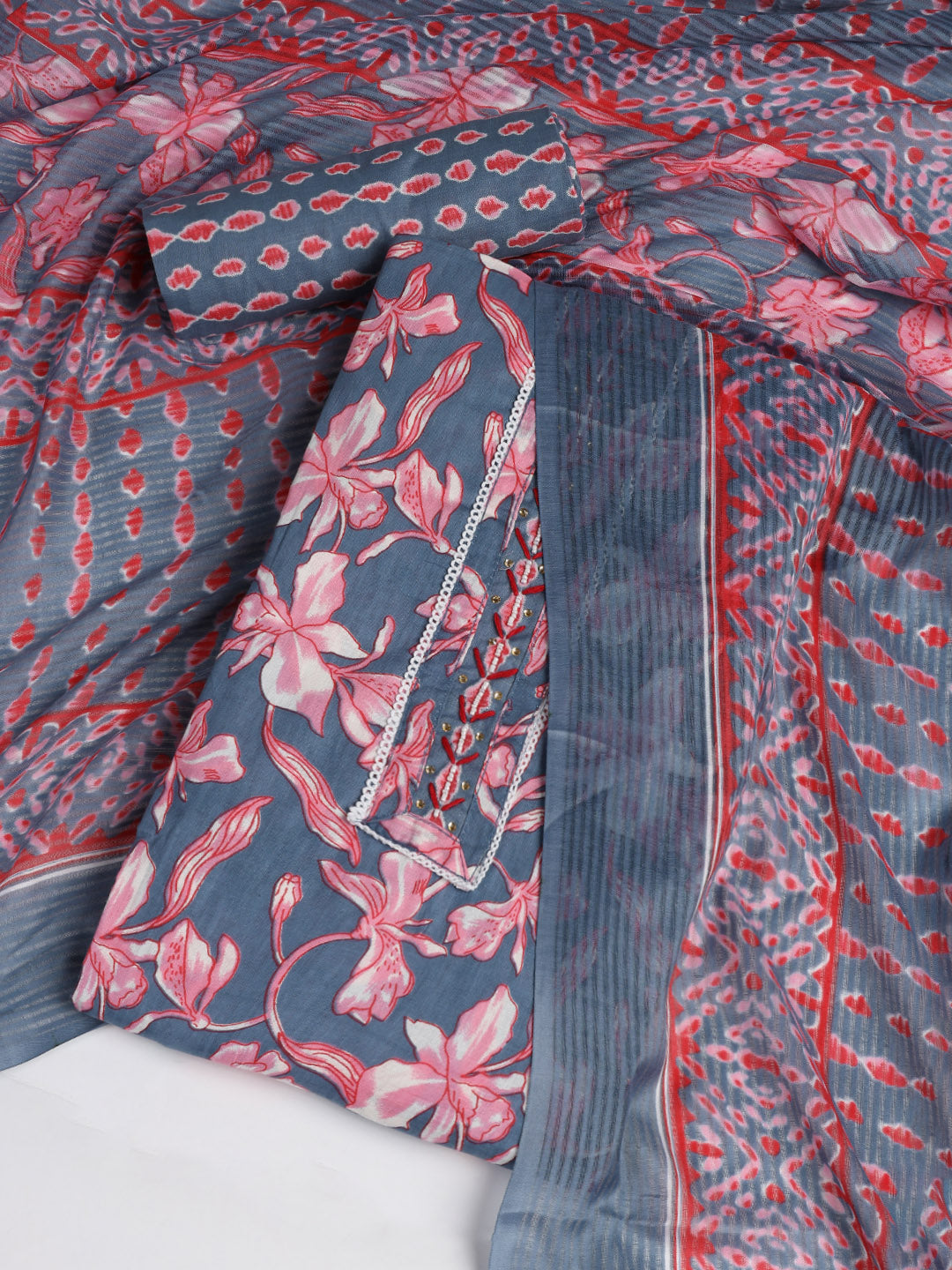 Printed Cotton Blend Unstitched Suit With Dupatta