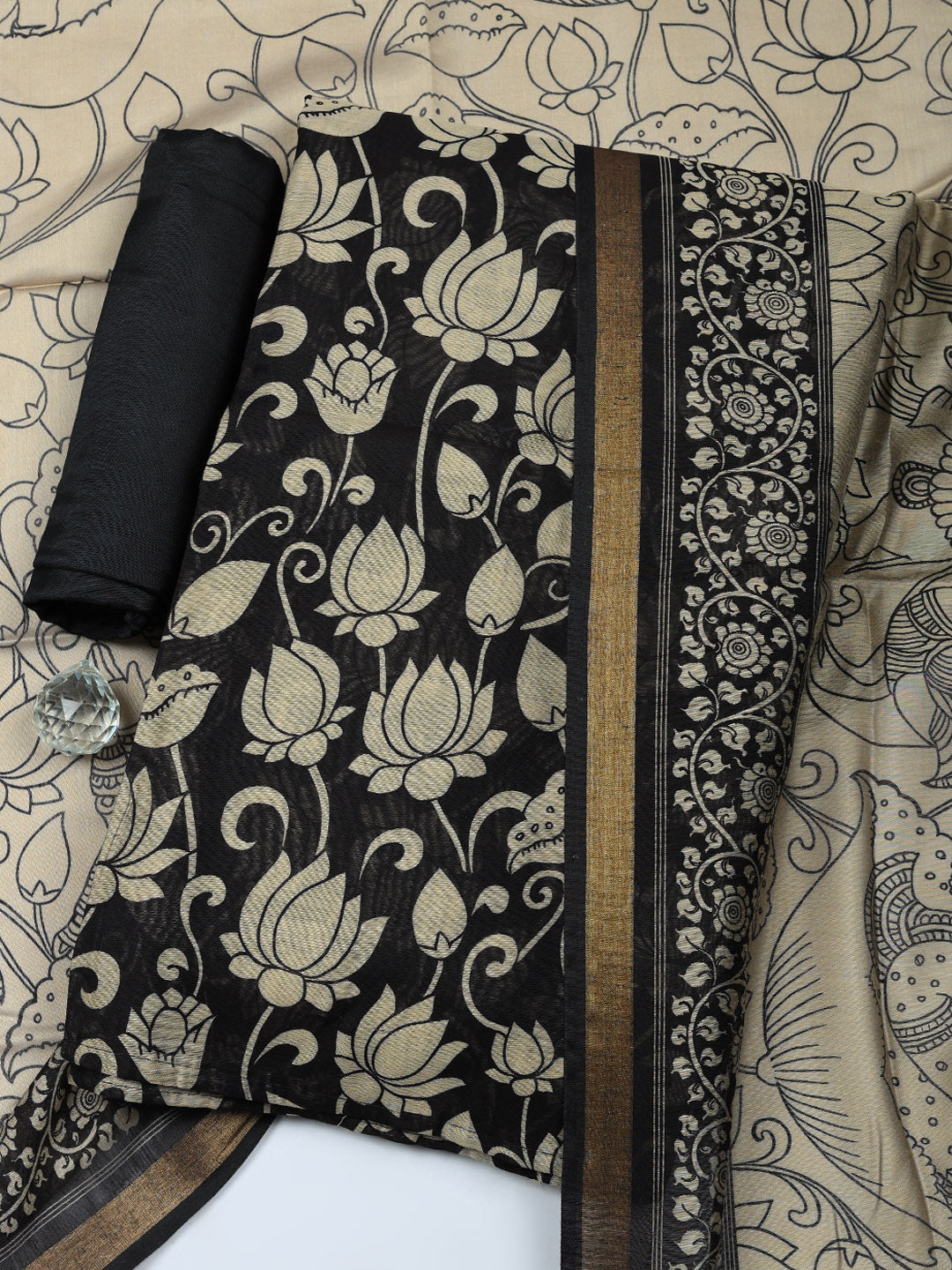 Printed Chanderi Unstitched Suit With Pant &amp; Dupatta