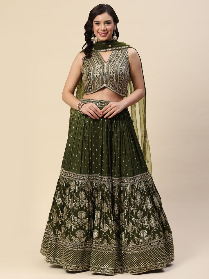 Sequin Embroidered Banarasi Choli With Lehenga &amp; Net Dupatta