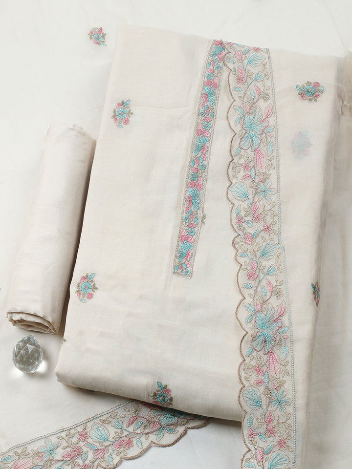 Embroidered Chanderi Unstitched Suit With Pant &amp; Dupatta