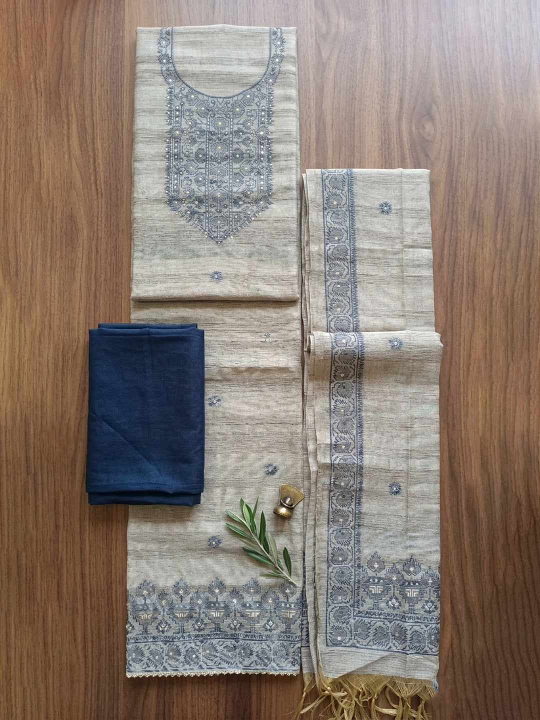 Embroidered Chanderi Unstitched Suit With Pant &amp; Dupatta