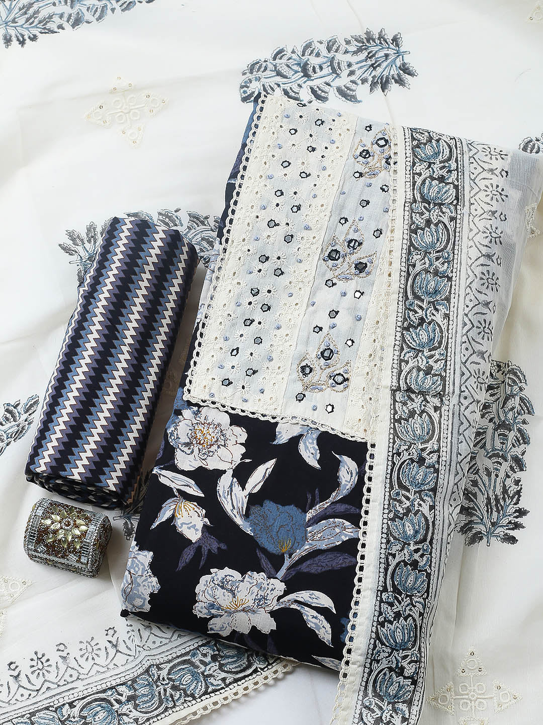 Embroidered Cotton Blend Unstitched Suit With Pant &amp; Dupatta