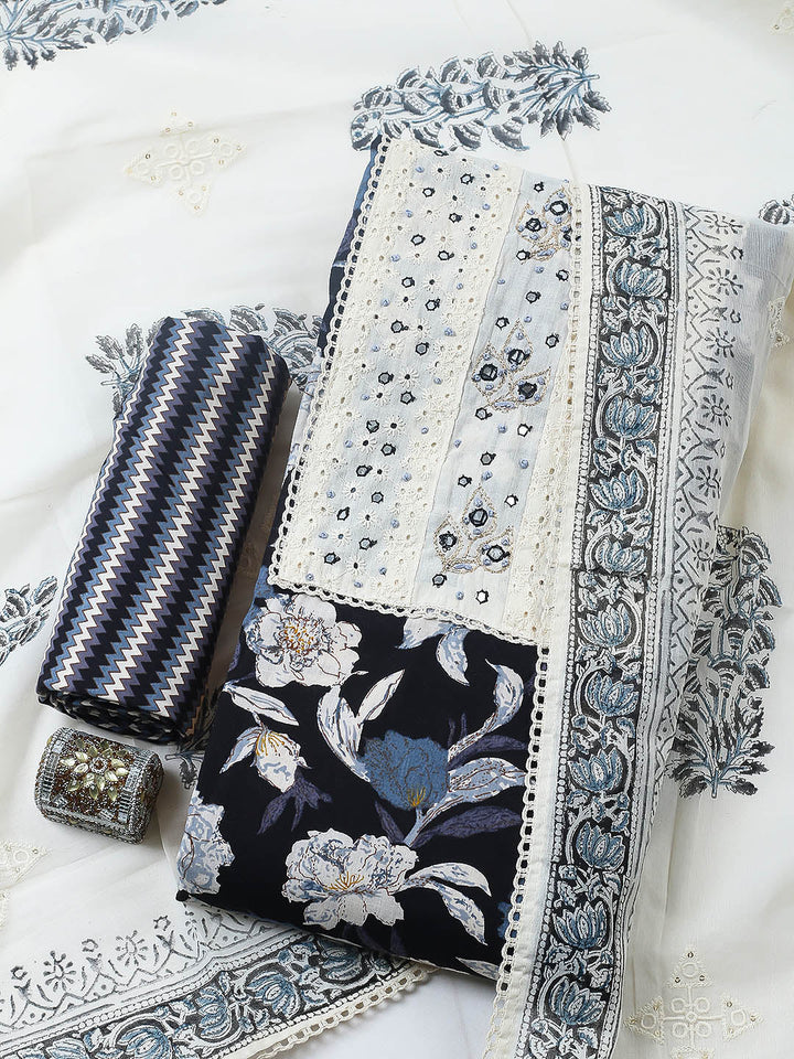 Embroidered Cotton Blend Unstitched Suit With Pant &amp; Dupatta