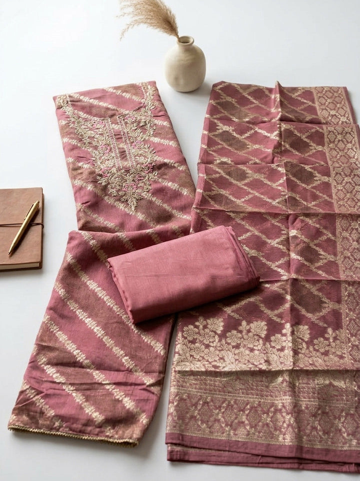 Embroidered Chanderi Unstitched Suit With Pant &amp; Dupatta