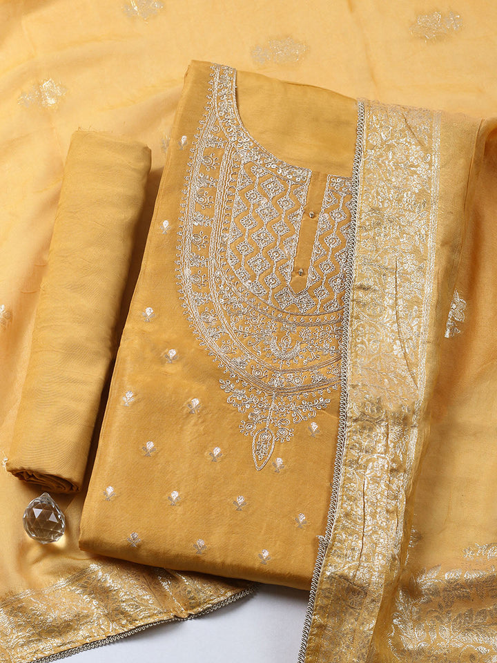 Embroidered Chanderi Unstitched Suit With Pant &amp; Dupatta