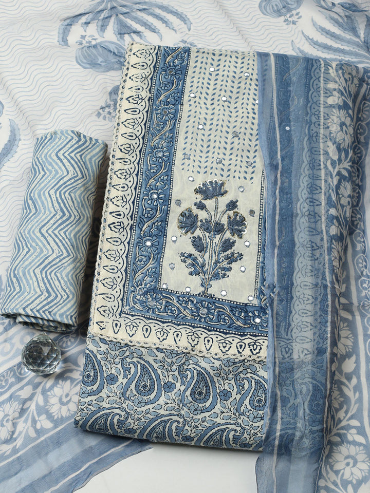 Printed Cotton Blend Unstitched Suit With Pant &amp; Dupatta
