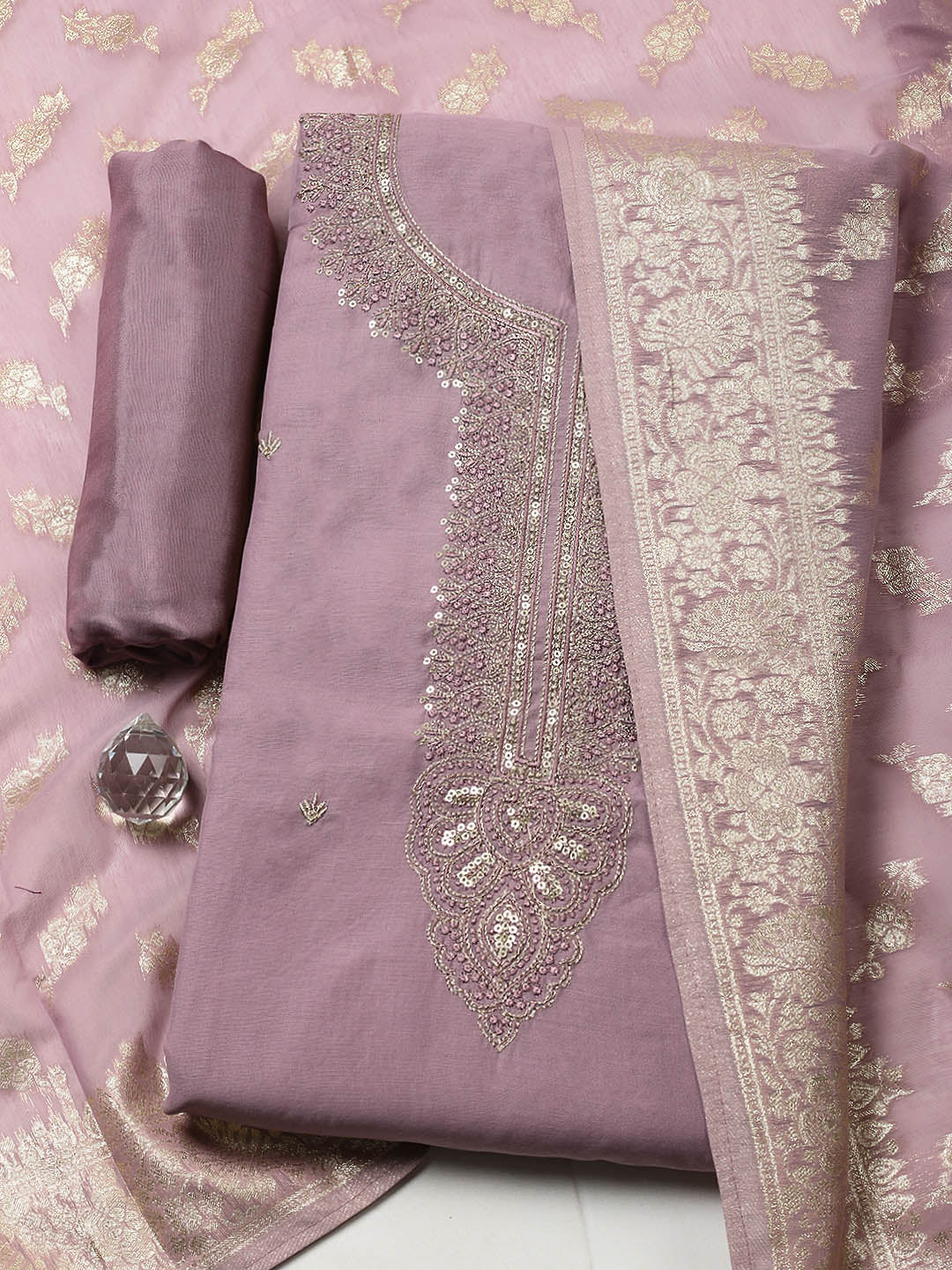 Embroidered Chanderi Unstitched Suit With Dupatta