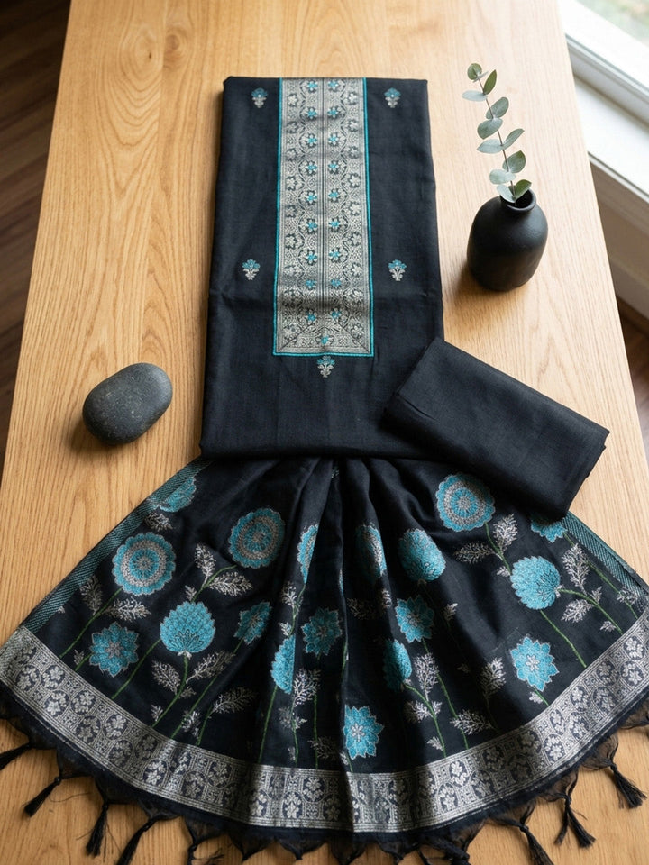 Embroidered Chanderi Unstitched Suit With Pant &amp; Dupatta