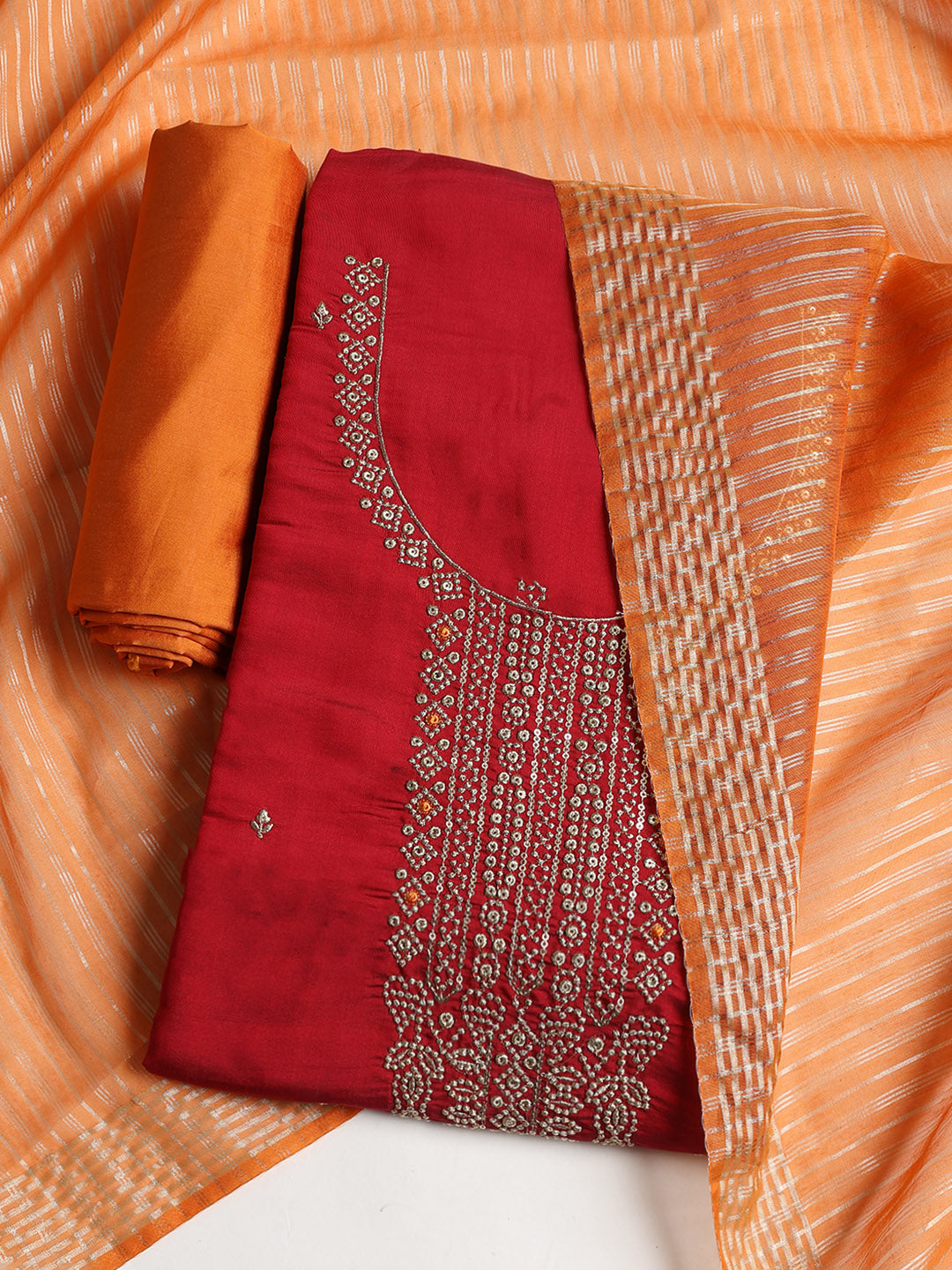 Neck Embroidered Chanderi Unstitched Suit With Dupatta