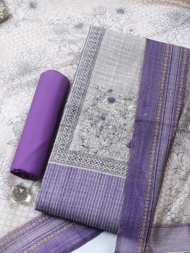 Embroidered Chanderi Unstitched Suit With Pant &amp; Dupatta