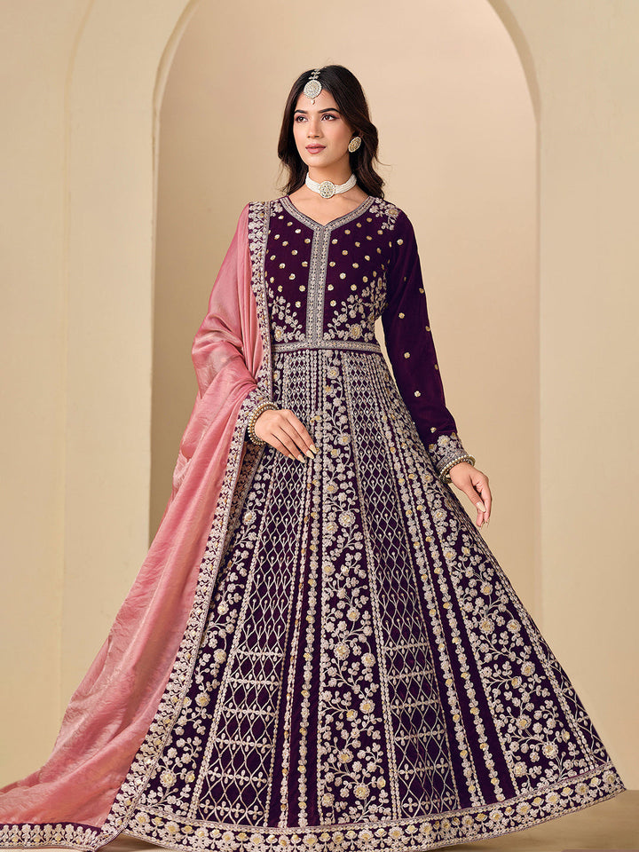 Embroidered Velvet Semi Stitched Kurta With Pant &amp; Dupatta