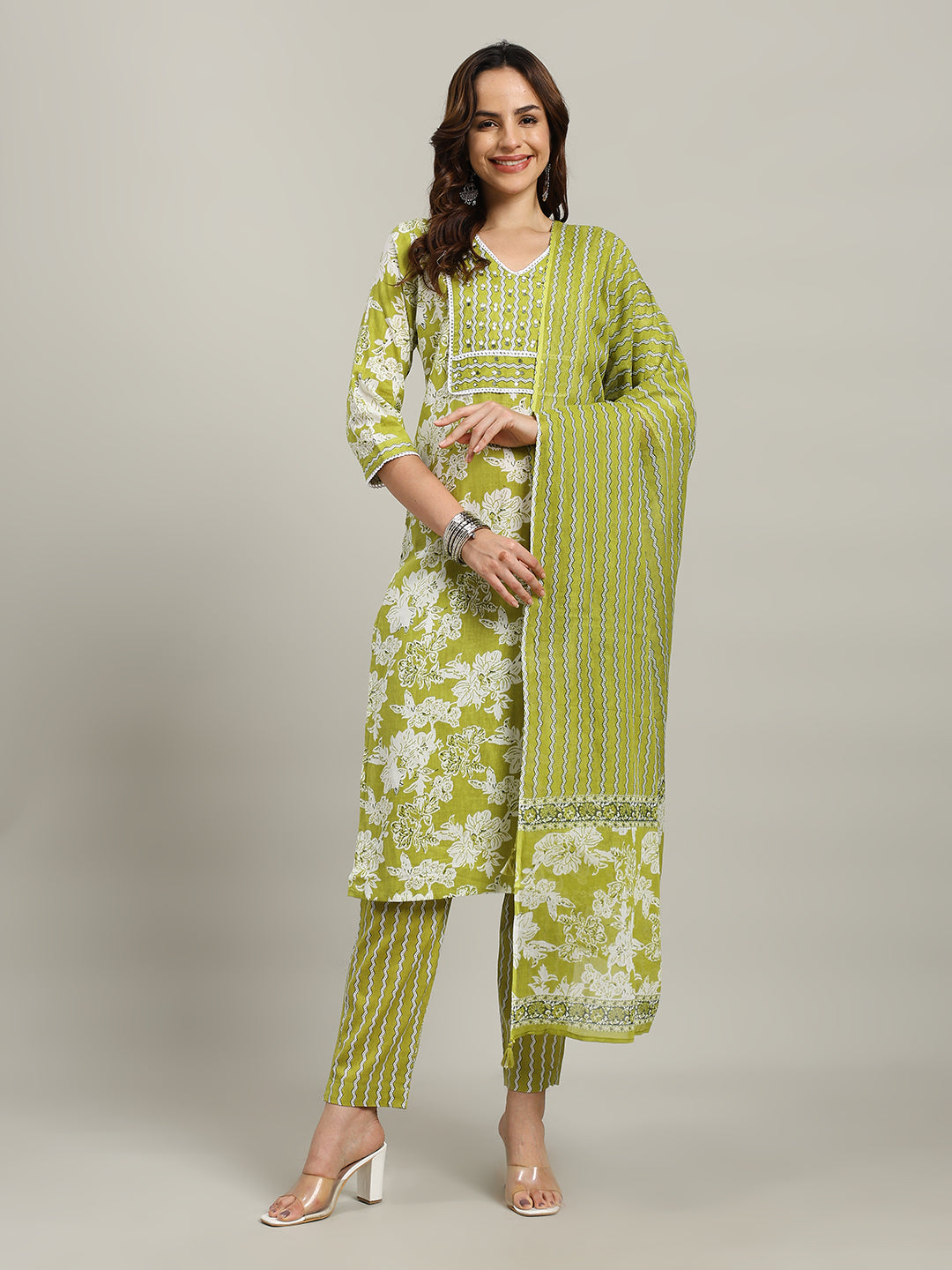 Floral Printed Cotton Blend Kurta With Pants &amp; Dupatta