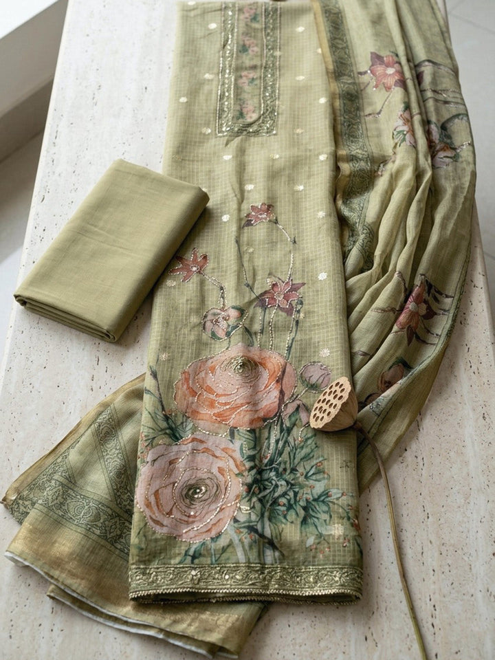 Embroidered Cotton Blend Unstitched Suit With Pant &amp; Dupatta