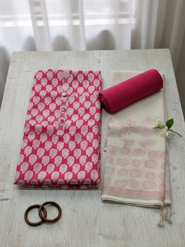 Printed Cotton Blend Unstitched Suit With Pant &amp; Dupatta