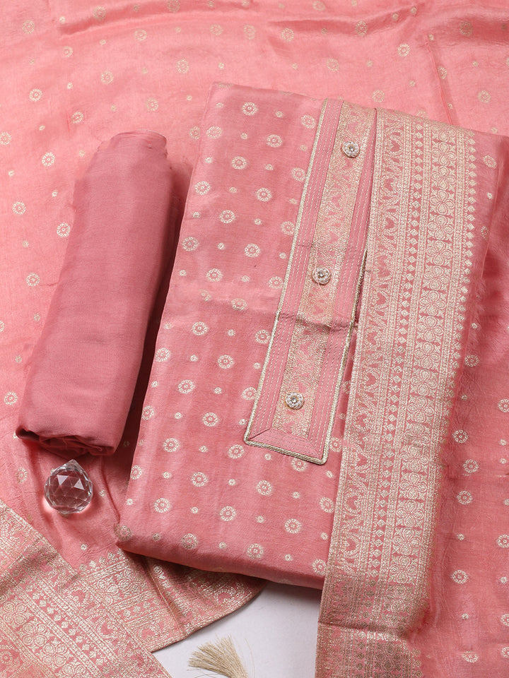 Embroidered Chanderi Unstitched Suit With Pant &amp; Dupatta