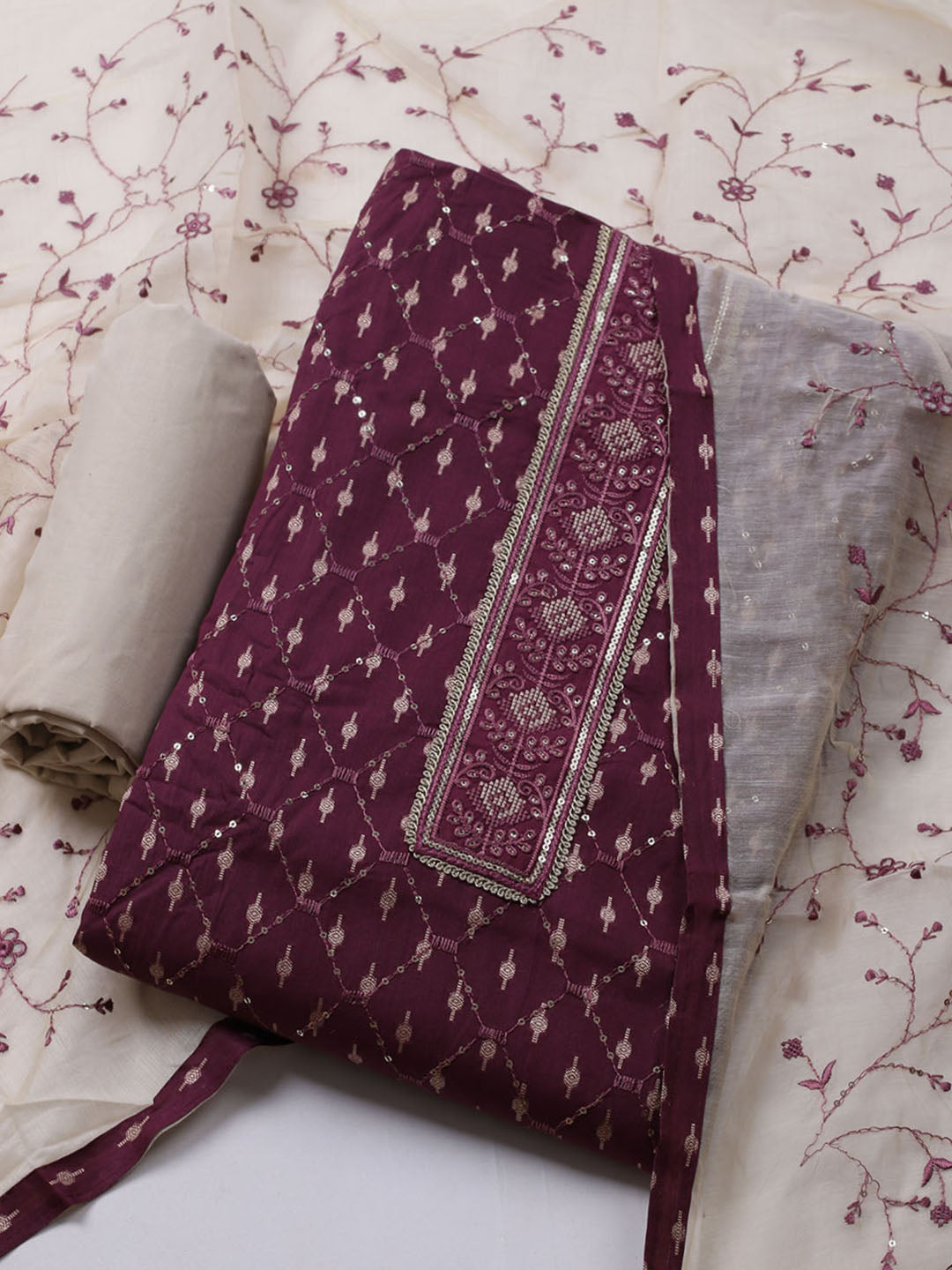 Neck Embroidered Cotton Blend Unstitched Suit With Dupatta