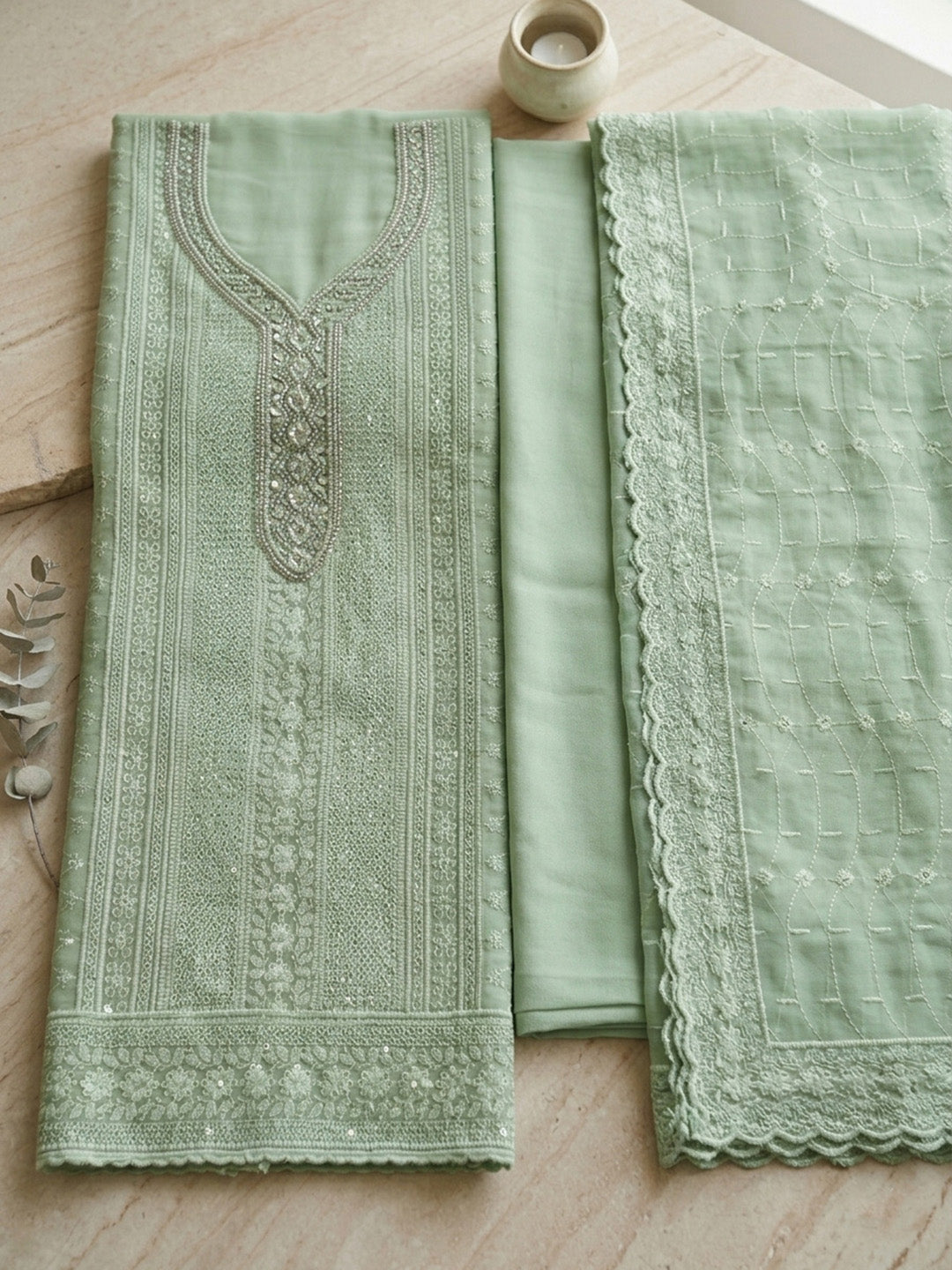 Embroidered Georgette Unstitched Suit With Pant &amp; Dupatta