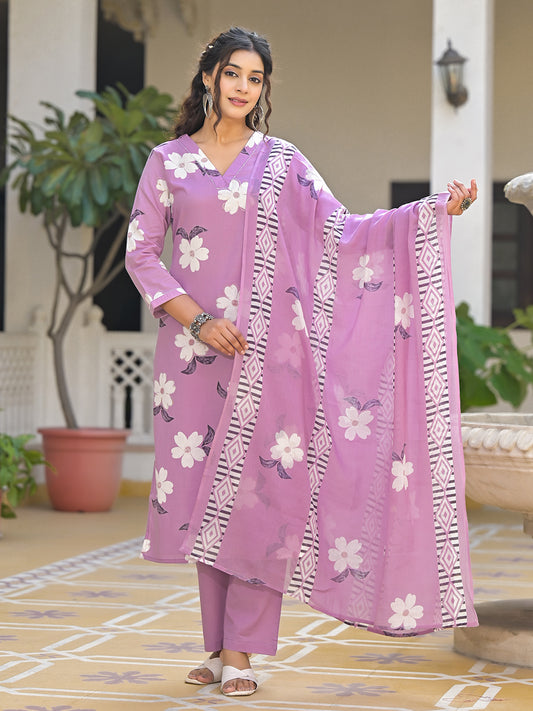 Printed Cotton Blend Kurta With Pants & Dupatta