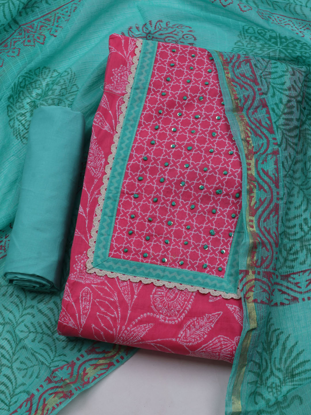 Printed Cotton Blend Unstitched Suit With Dupatta