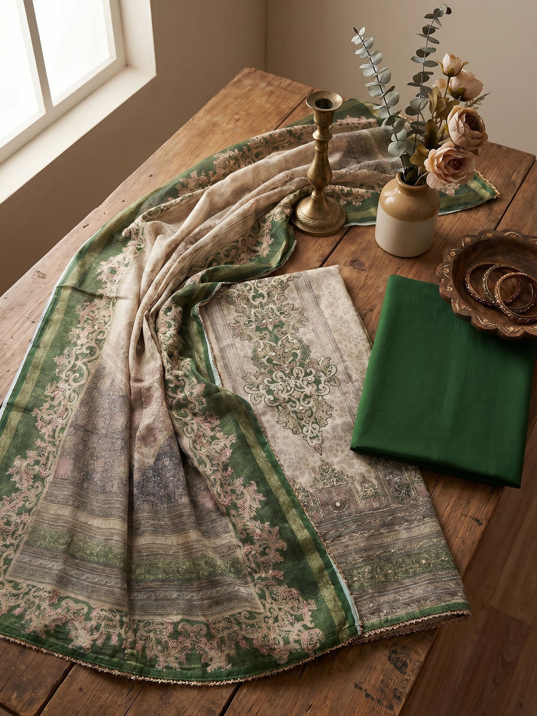 Neck Embroidered Chanderi Unstitched Suit With Dupatta