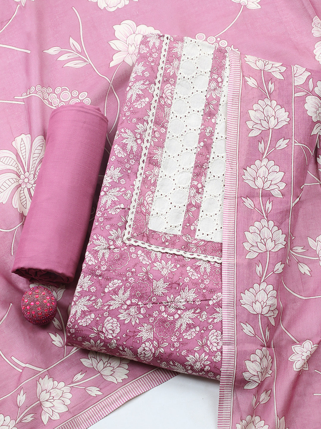 Printed Cotton Blend Unstitched Suit With Pant &amp; Dupatta