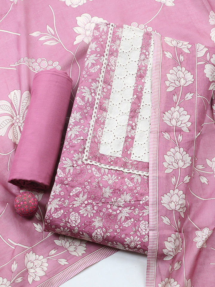 Printed Cotton Blend Unstitched Suit With Pant &amp; Dupatta