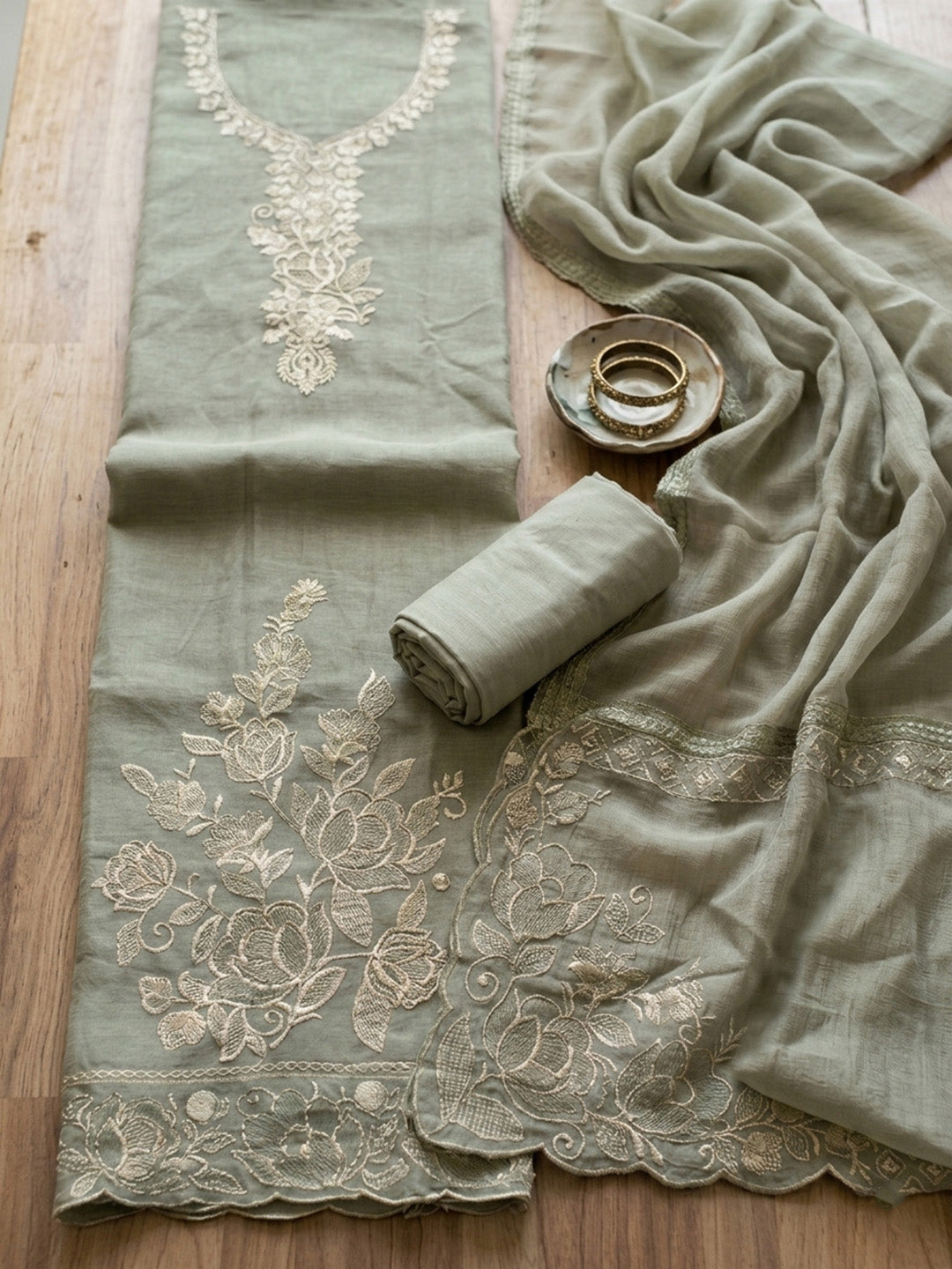 Embroidered Chanderi Unstitched Suit Pant &amp; Dupatta