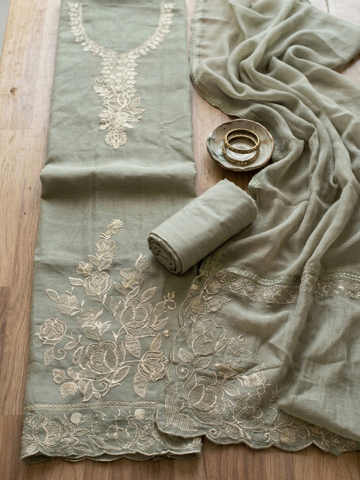 Embroidered Chanderi Unstitched Suit Pant &amp; Dupatta