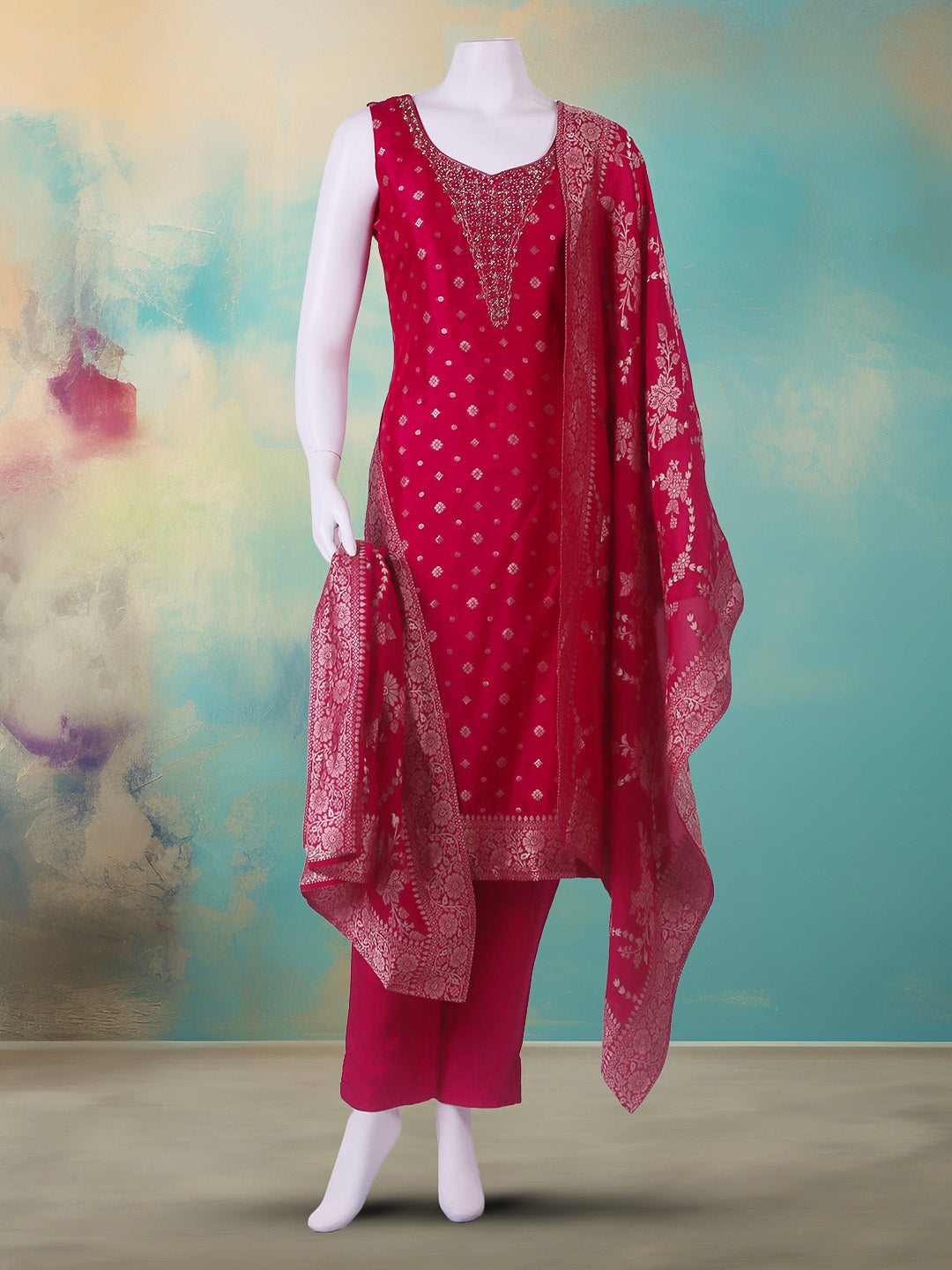 Embroidered Art Silk Suit With Pant &amp; Dupatta