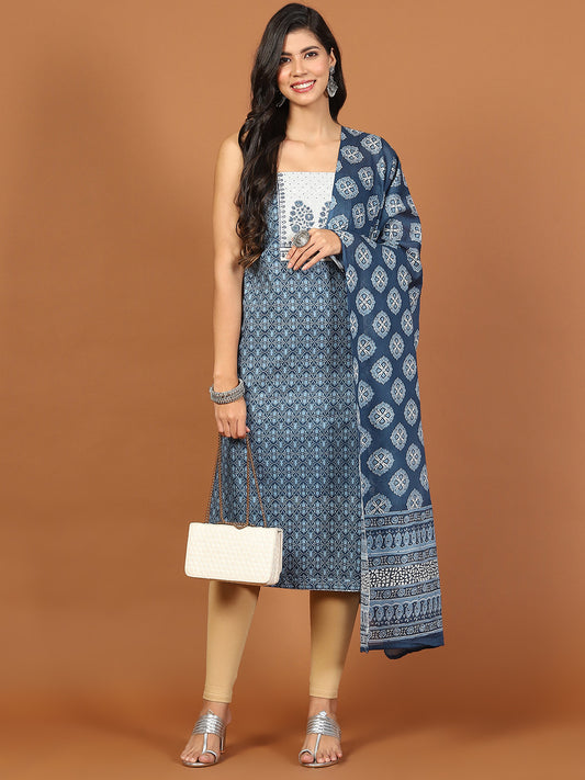 Printed Cotton Blend Unstitched Suit Piece With Dupatta