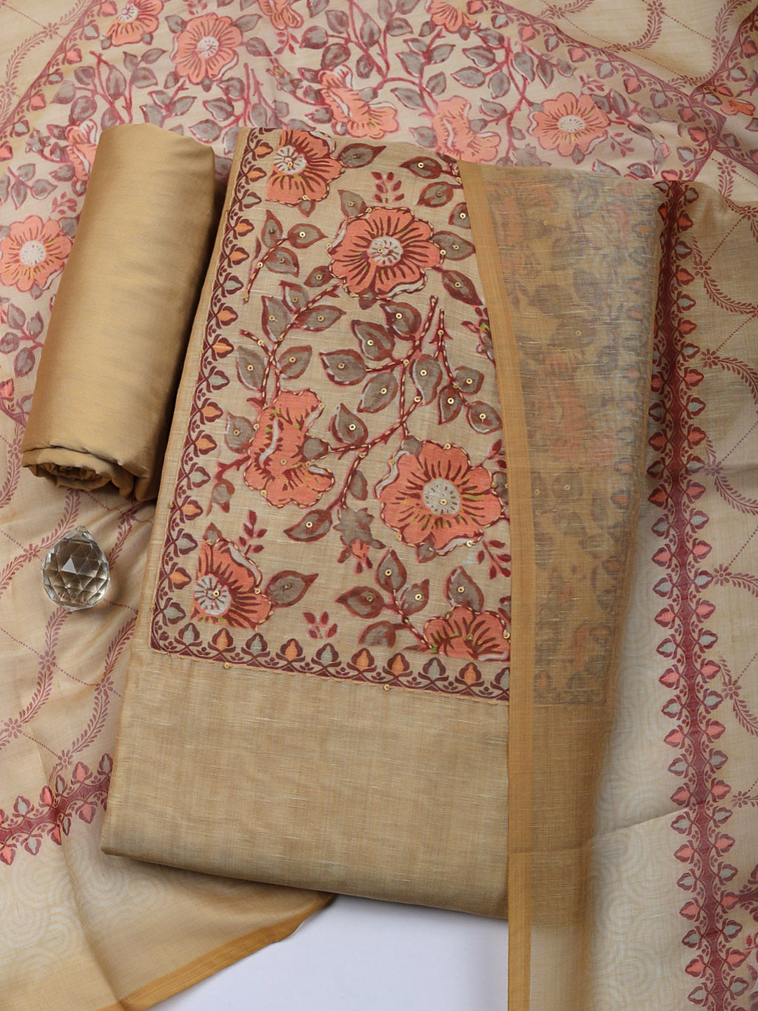 Embroidered Chanderi Unstitched Suit With Pant &amp; Dupatta