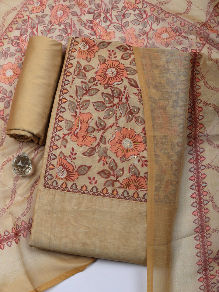 Embroidered Chanderi Unstitched Suit With Pant &amp; Dupatta