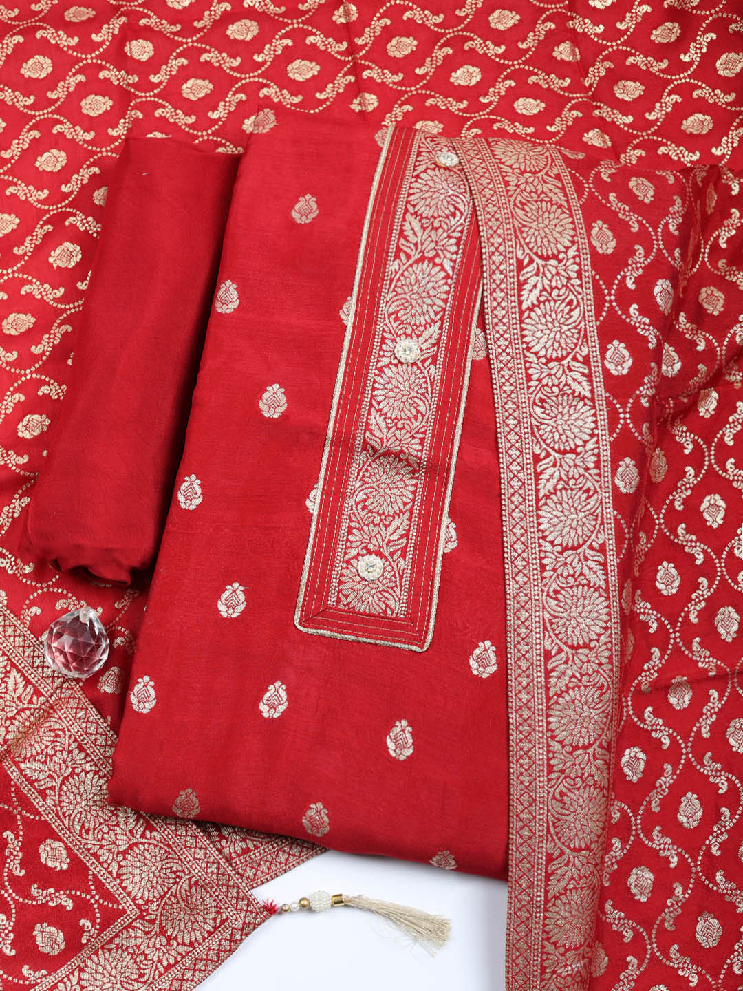Embroidered Chanderi Unstitched Suit With Pant &amp; Dupatta