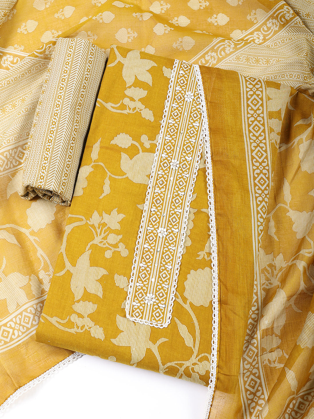 Printed Cotton Blend Unstitched Suit With Dupatta