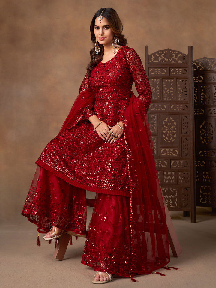 Embroidered Net Semi Stitched Kurta With Sharara &amp; Dupatta