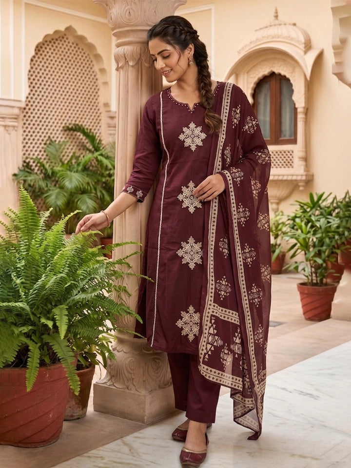 Neck Embroidered Cotton Blend Kurta With Pant &amp; Dupatta
