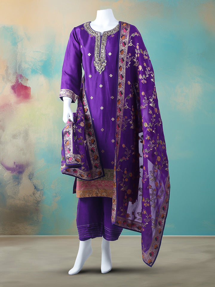 Embroidered Cotton Blend Stitched Kurta With Pant &amp; Dupatta
