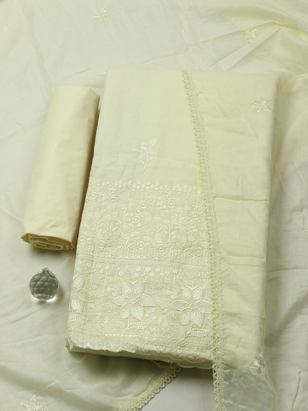 Embroidered Chanderi Unstitched Suit With Pant &amp; Dupatta