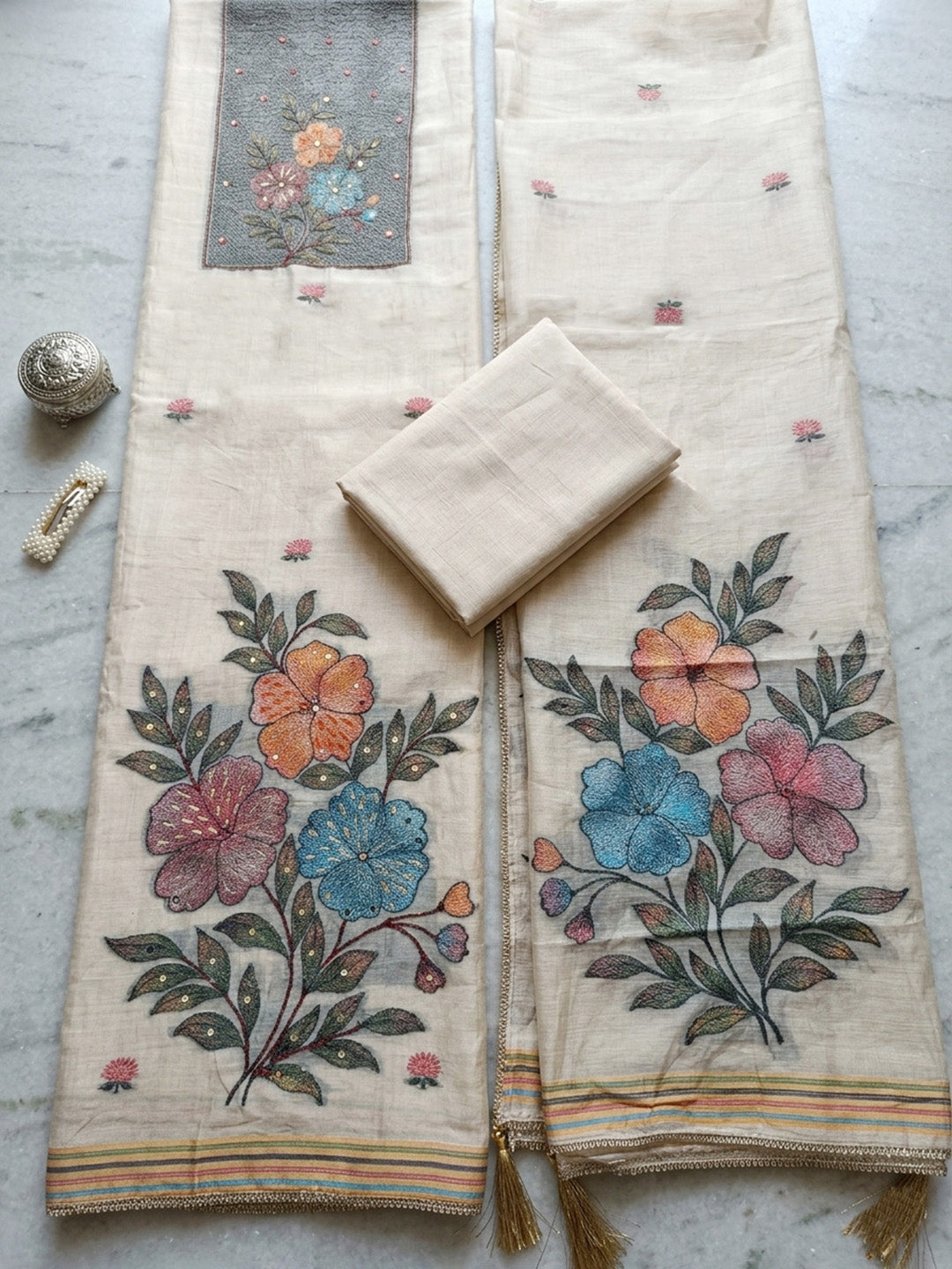 Embroidered Linen Blend Unstitched Suit With Pant &amp; Dupatta