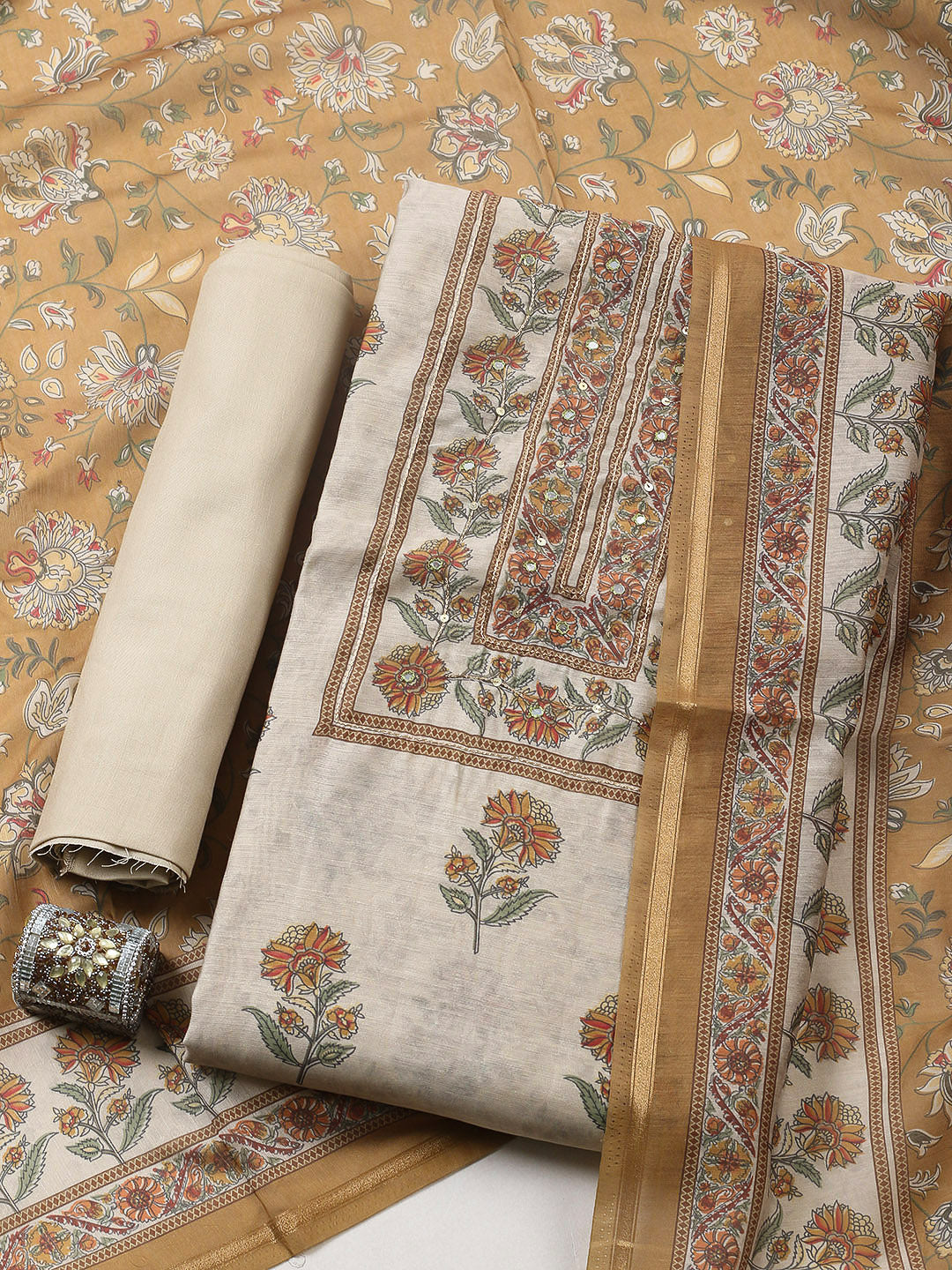 Printed Chanderi Unstitched Suit With Pant &amp; Dupatta