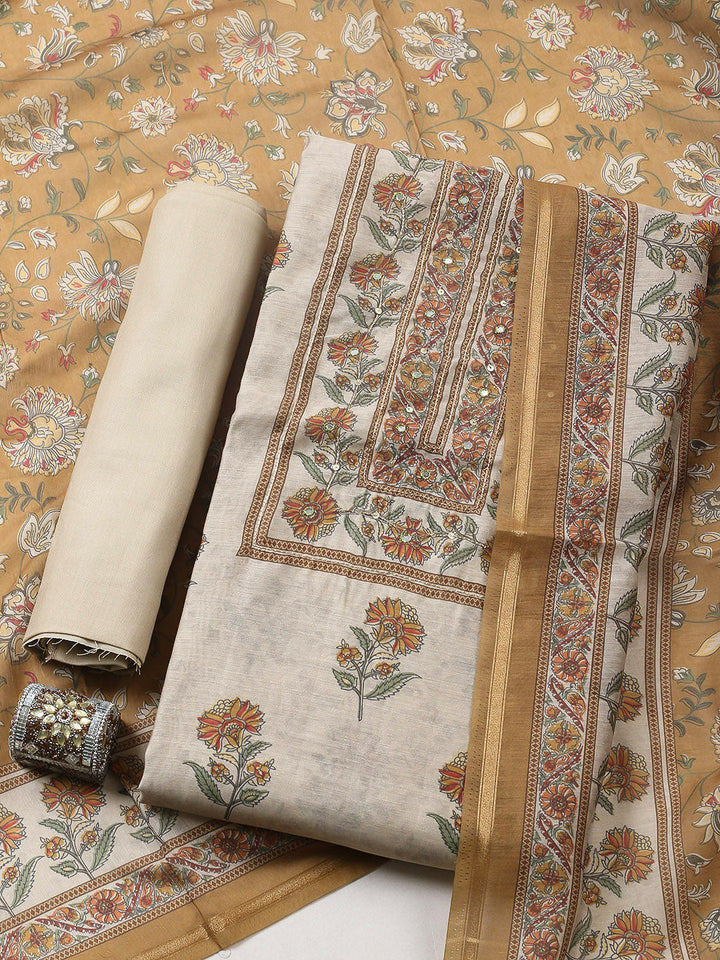 Printed Chanderi Unstitched Suit With Pant &amp; Dupatta