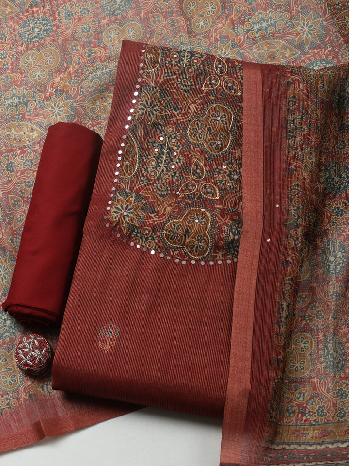 Embroidered Chanderi Unstitched Suit With Pant &amp; Dupatta