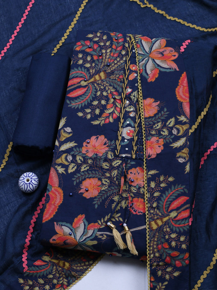 Embroidered Cotton Blend Unstitched Suit With Pant &amp; Dupatta