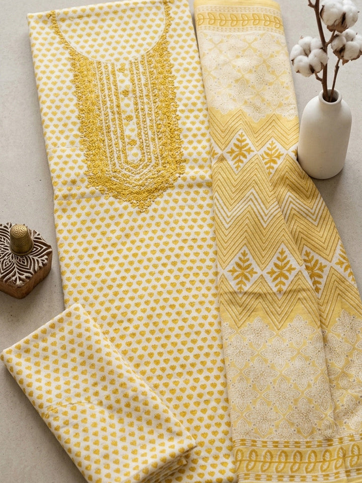 Embroidered Cotton Blend Unstitched Suit With Pant &amp; Dupatta